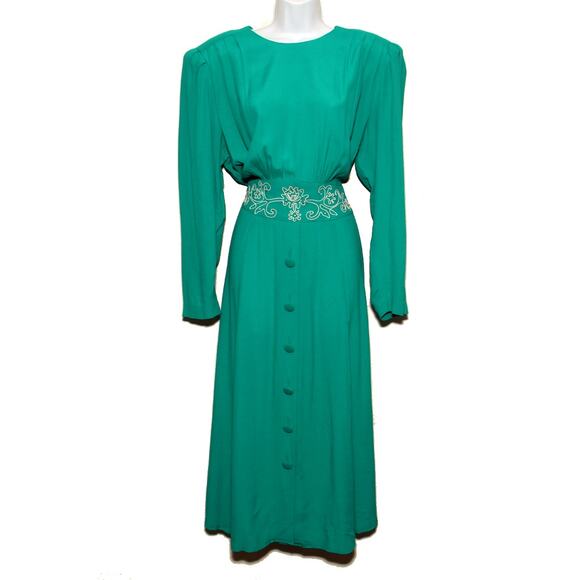 Vintage 80s 90s Karin Stevens blouson midi dress Size 12 Green embroidered - Picture 1 of 11